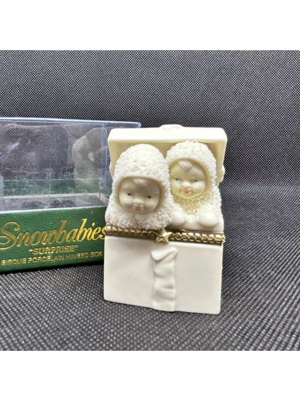Department 56 Snowbabies "Surprise" Bisque porcelain hinged box.